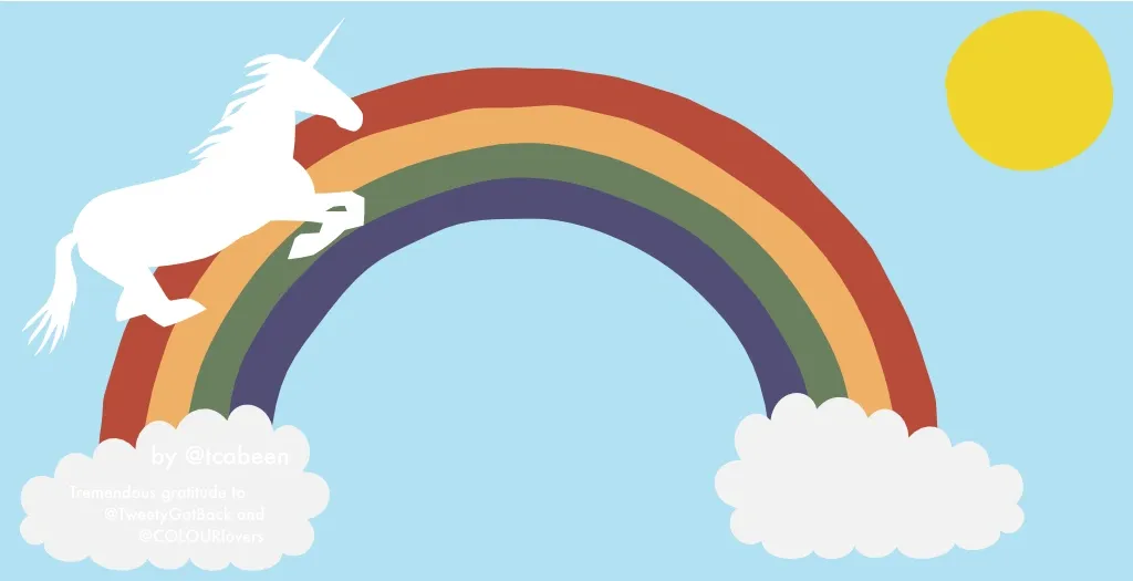 A simple illustration of a unicorn over a rainbow. The rainbow is emerging from and arcing between two simple fluffy clouds. A round sun is in the upper left corner. The illustration has choppy edges, as if it was cut from paper with a hobby knife.